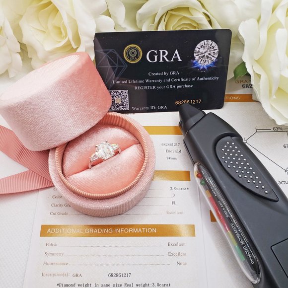 14K White Gold Trilogy 3 Carats Emerald & Tapered Moissanite Engagement Ring - Picture 12 of 13